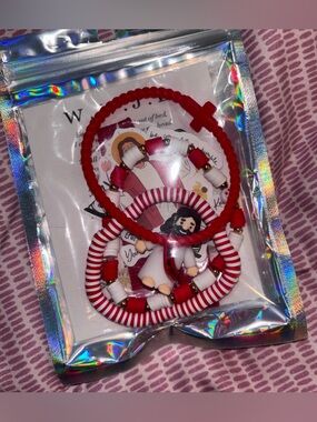 4 piece bracelet set, 1 tiny Jesus, 2 stickers-red and white